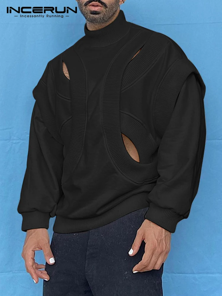 

Мужские футболки INCERUN, однотонная Водолазка с длинным рукавом, с вырезами, повседневная модель Необычные пуловеры 2022, уличная одежда, футбол...