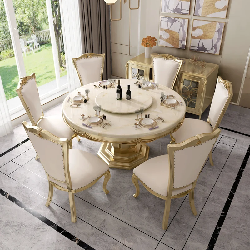 

Marble Dining Table European Luxury Solid Wood Round Table with Turntable Dining Table Chair Combination H American Light Folded