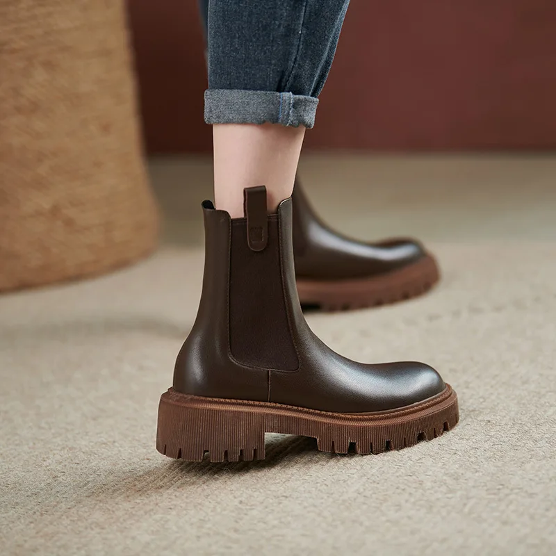 

Brand Design Ankle Boots for Women Slip on Black Leather Platform Boots Women Chunky Heel Women Chelsea Boots Winter Shoes