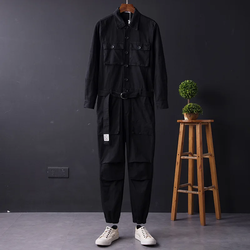 

Men's Jumpsuit Long Sleeve Lapel Beam Feet Cotton Overalls Hip Hop Streetwear Loose Cargo Pants Green Black Freight Trousers