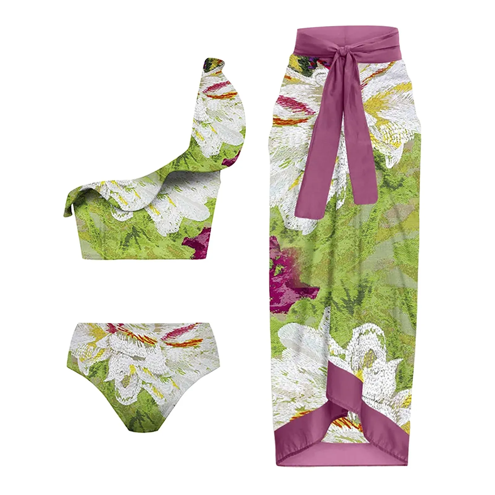 

One Shoulder Ruffled Print Swimsuit Set Bathing Suits Women Bust Support