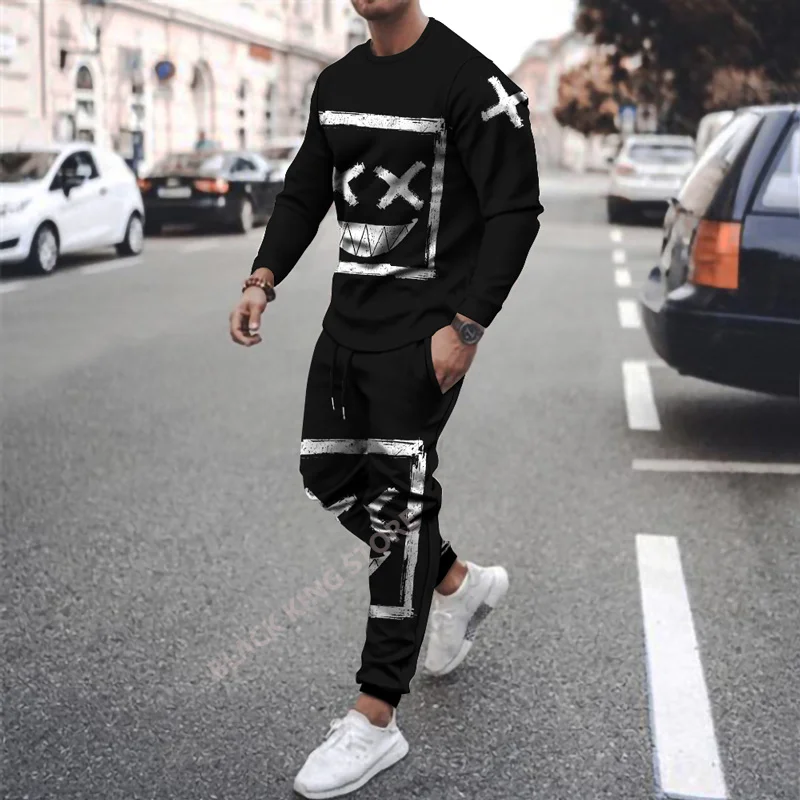 New Summer Smiley XXOO Pattern Men's 2 Piece Set Tracksuits 3D Print Long Sleeve T-shirt Suit Casual  Men Tshirt Streetwear Suit