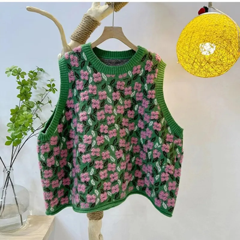

2023 Female Japan Knit Embroidery O-Neck Elastic Spring Ladies Sweater Vest Sleeveless Pullover Loose Women Tank Crop Tops T345