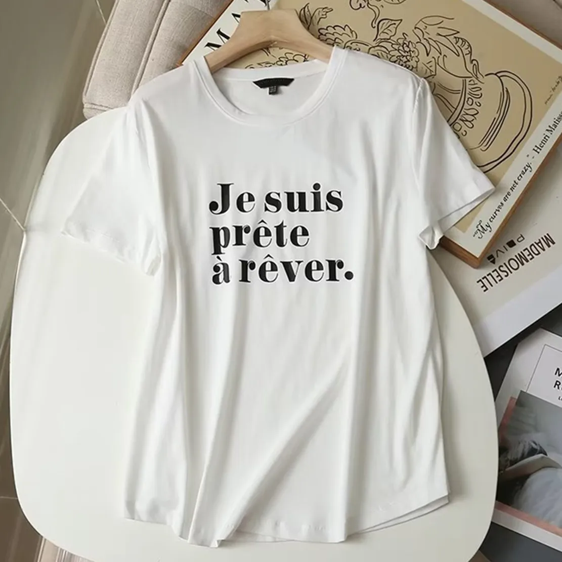 

Maxdutti Spanish Letter Print Simple Street Tops Cotton Summer Tshirts Women England Style Fashion Tshirts