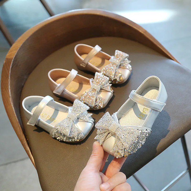 

Summer New Cute Children Princess Leather Shoes Rhinestone Bow Soft Bottom Girls Baby Flats Kids Party Dance Performance Shoes