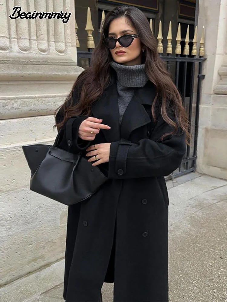 Женское шерстяное пальто с поясом Черное длинное Свободное оверсайз двумя