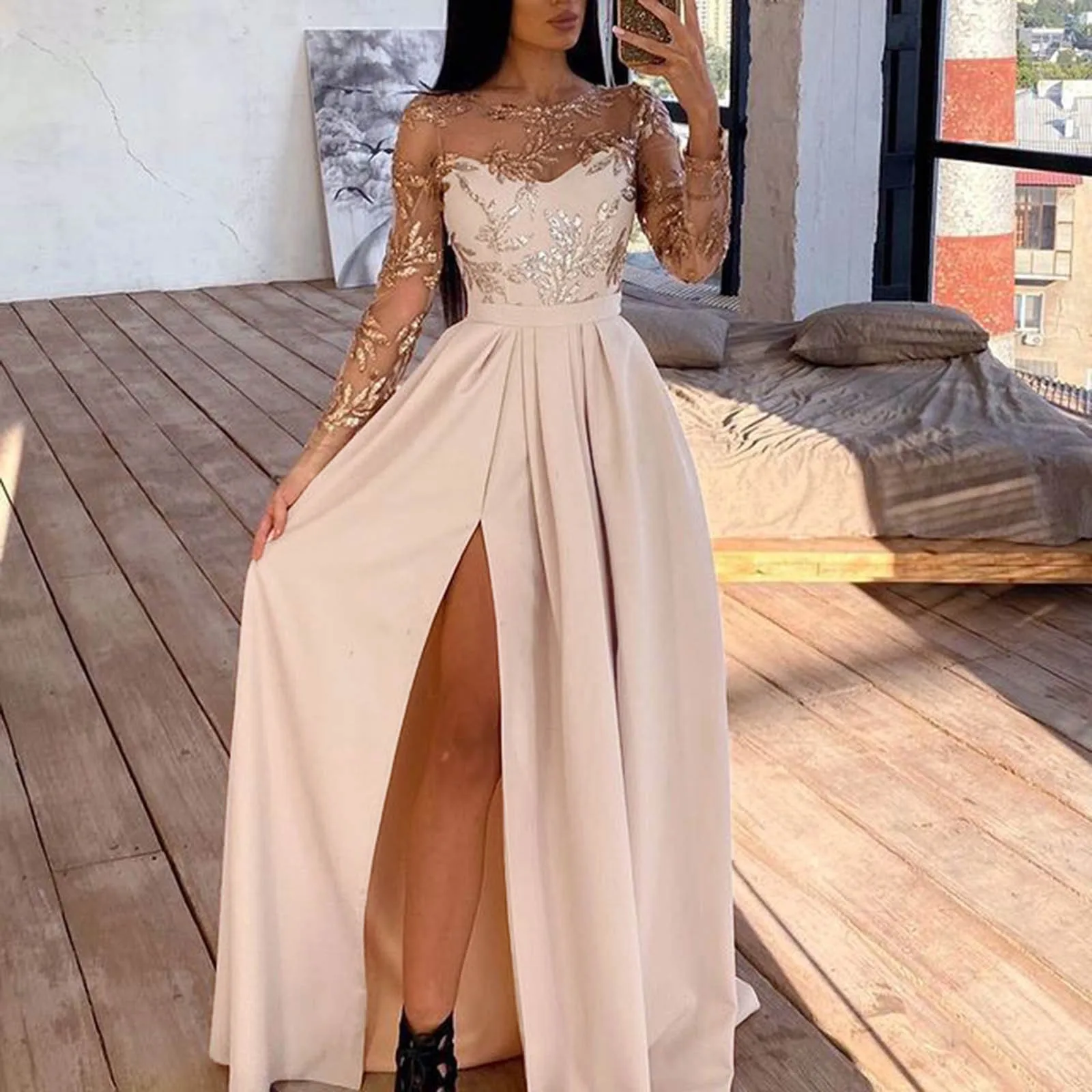

Lace Sleeve Women Maxi Dress Elegant High Split Party Dresses Female Bronzing Maxi Dress Streetwear Chic Wedding Party Robe