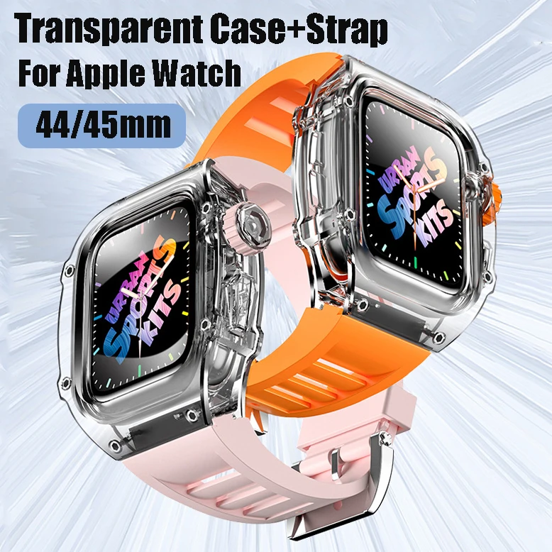 

Прозрачный мод для Apple Watch 45 мм 44 мм чехол Роскошный модифицированный комплект спортивный силиконовый ремешок для iWatch Series 8 7 6 5 4 ремешок