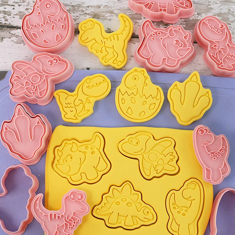 

8Pcs/set Dinosaur Cookie Cutters Mold Plastic 3D Cartoon Shape Pressable Biscuit Mold Stamp Kitchen Baking Pastry Bakeware Tool