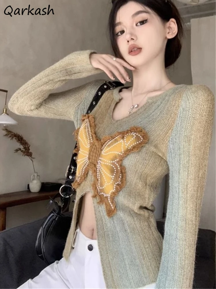 

Butterfly-print Pullovers Women Slim Gentle Y2k Vintage Leisure Sweet Harajuku Hot Girl Fashionable Knitted Crop Sweaters Youth
