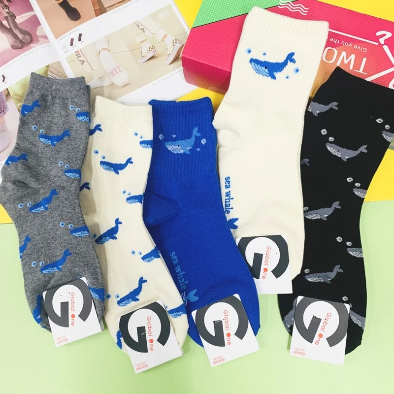 

Носки женские с принтом морских КИТ, модные милые повседневные Мягкие носки средней длины в Корейском стиле, Осень-зима