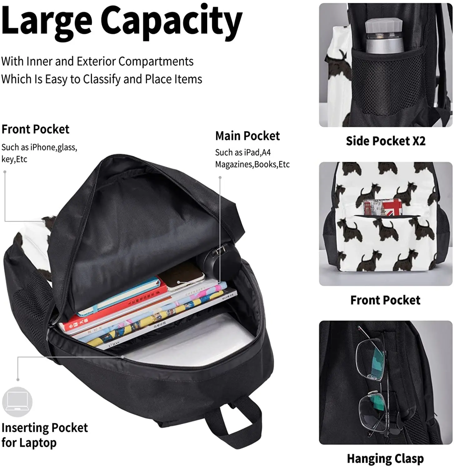 Scottie Dog Cute Scottish Terrier Schoolbag Travel Bag Casual Daypack Lunch Bag Pencil Case for Boys Teens Girls 3pcs Sets