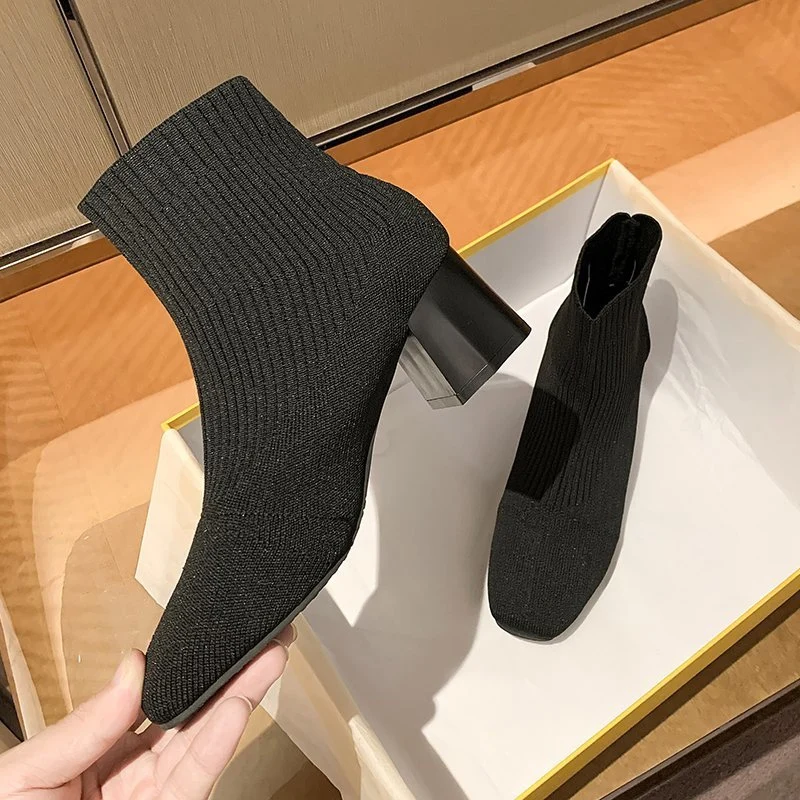 

Women Knitting Ankle Sock Boots High Heels Chelsea Boots 2022 New Winter Fashion Thick Pointed Toe Pumps Casual Shoes Snow Botas
