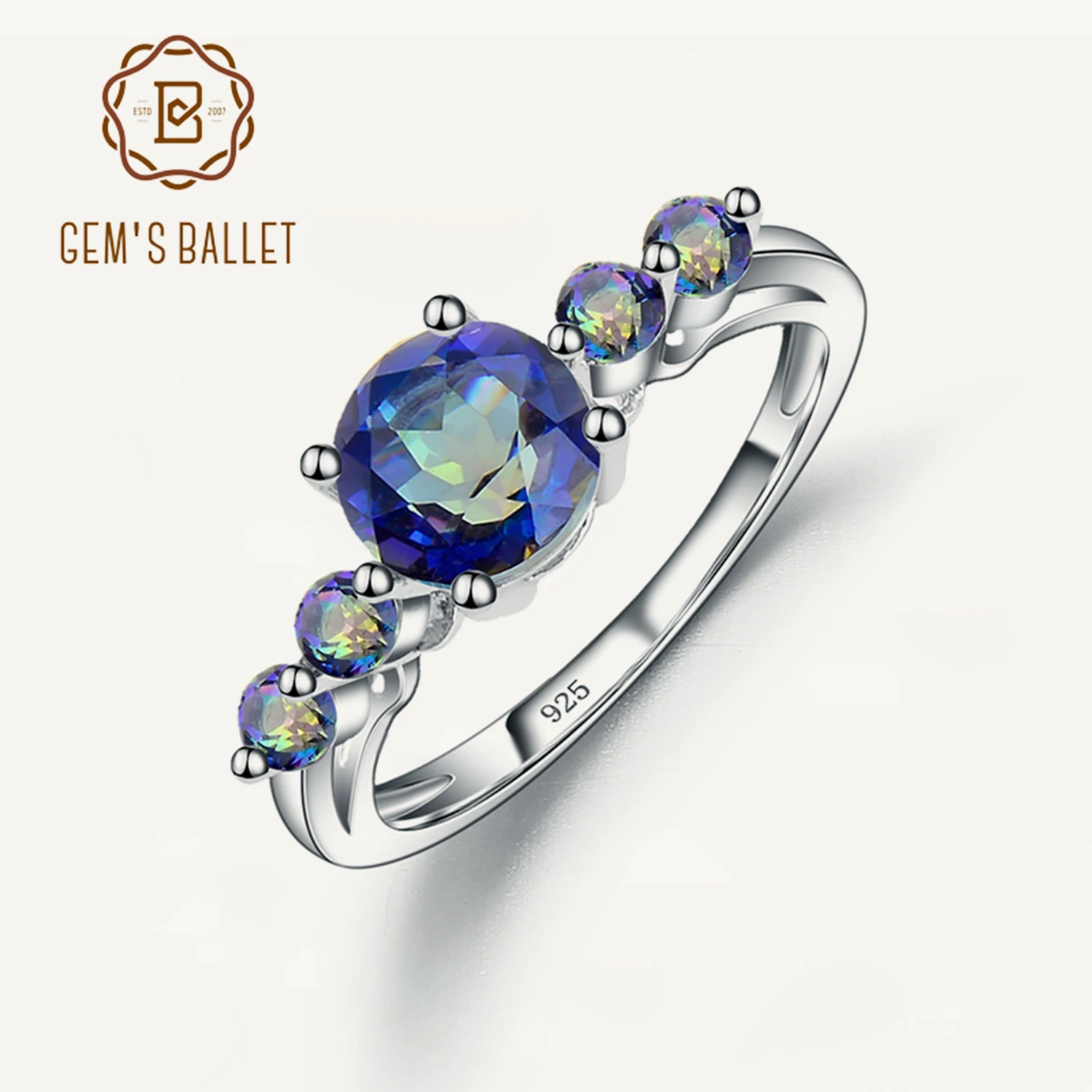 

GEM'S BALLET 925 Sterling Silver Ring Natural Mystic Topaz Three Stone Birthstone Band Rings For Women Wedding Fine Jewelry