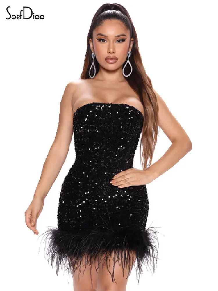 

Женское мини-платье с блестками и перьями Soefdioo, хипстерское сексуальное платье без бретелек и рукавов, приталенная юбка, одежда для вечерин...