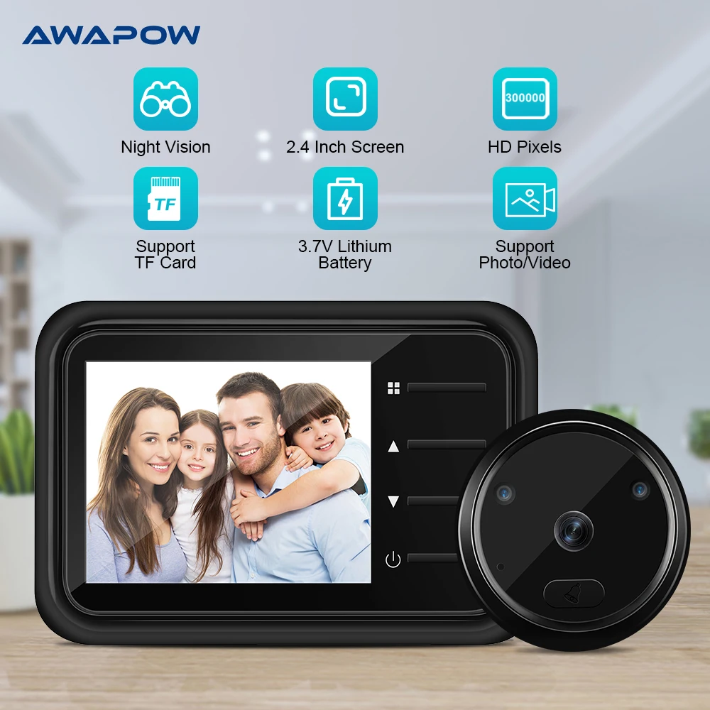 Awapow Smart Electronic Doorbell Camera 2.4 Inch LCD Color Screen IR Night Vision Video Door Bell Home Safety Peephole Viewerll