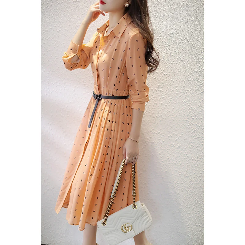 

Medium Length Shirt Skirt Women 2022 Spring And Autumn New Lace Up Waist Slim French Light Mature Style Long Sleeve Dress Women