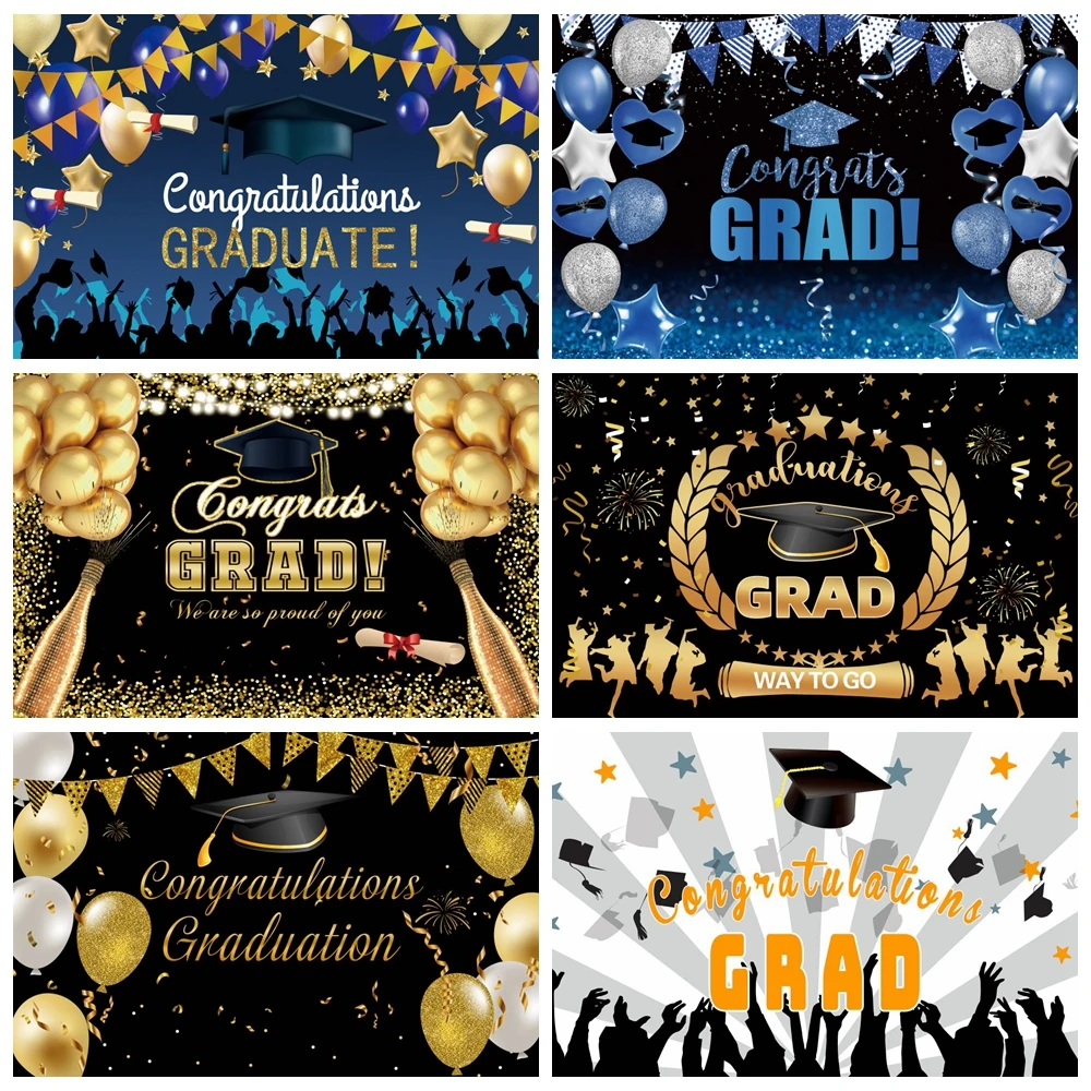 Class of 2023 Graduation Backdrop Black Gold Glitter Balloons Congrats Grad Prom Party Photography Background Decor Photo Props