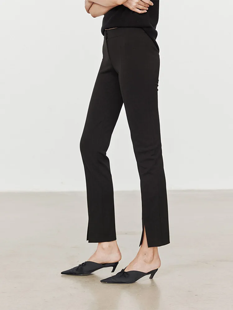 Women Acetate Ankle-length Trousers Slit Black Elastic Waist Casual Femael Slim Early Autumn 2022 Stretch Pants