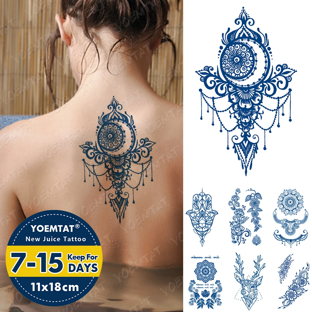 

Синяя индийская хна, чернильный сок, водостойкая временная татуировка, наклейка, олень, цветок, боди-арт, сексуальная переводная искусствен...