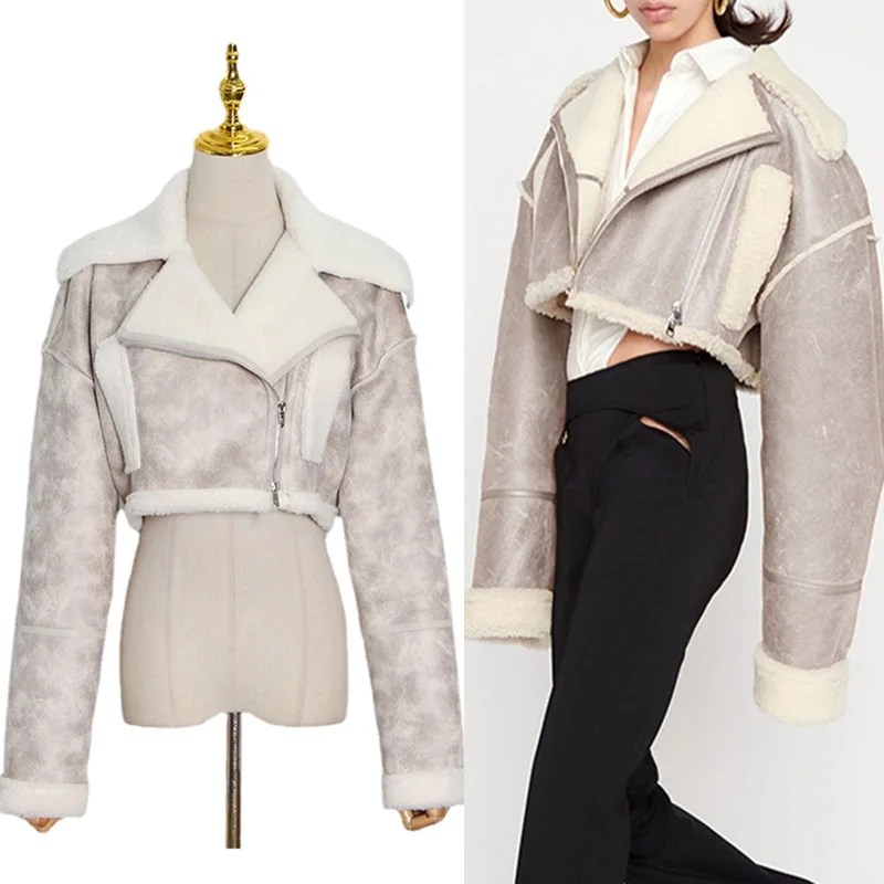 Thick Colorblock Patchwork PU Casual Jacket for Women Lapel Long Sleeve Short Winter Coat Female Fashion New 2022