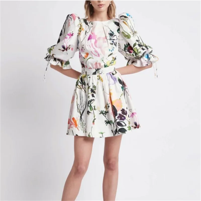 

Graffiti Flower Print Backless Boho White Puff Sleeve Summer Women Vestido Dress Sexy Party Sundress Beach Mini Dress