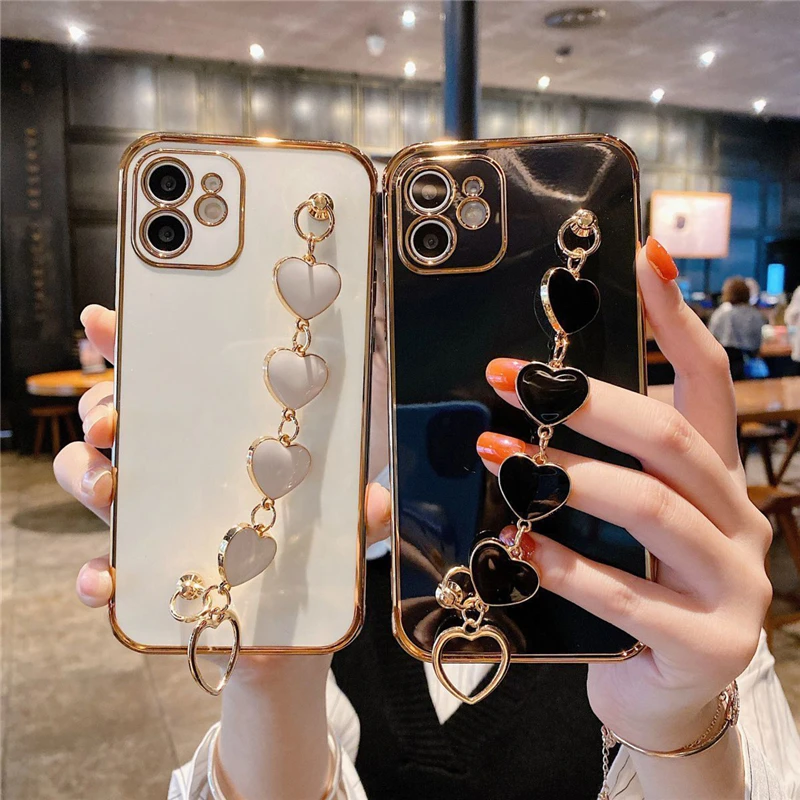 For iphone 14 13 12 11 Pro 6 6S 7 8 Plus 3D Wrist Chain Plating phone case For iphone 12 Pro XR xs Max Bracelet Soft Back cover