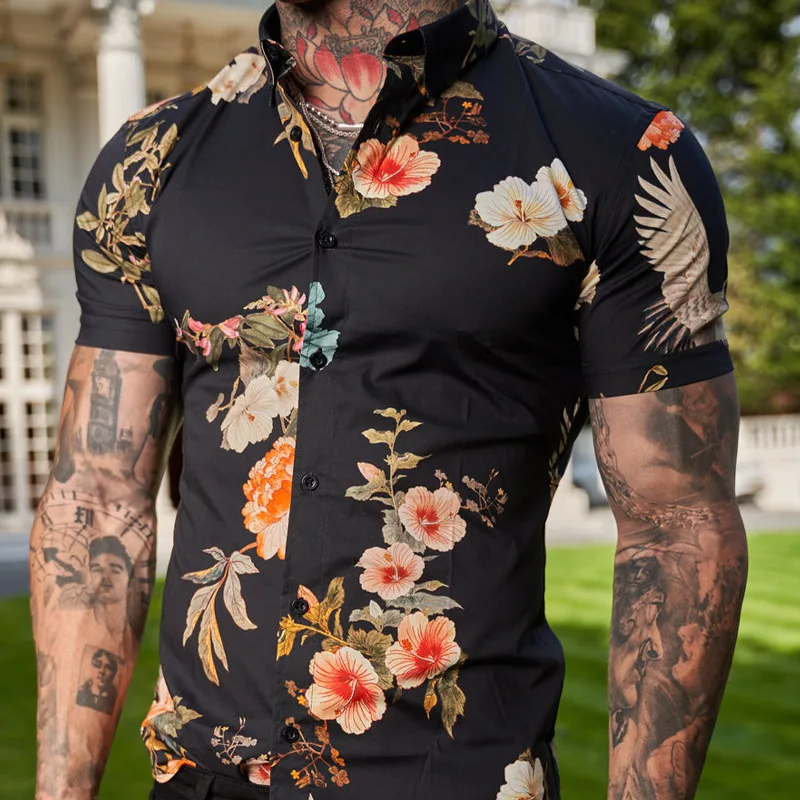 2022 Summer New Men's Shirts Retro Loose Hawaiian Short Sleeve Casual Lapel Print Henry Ethnic Harajuku Style Fashion Button Top