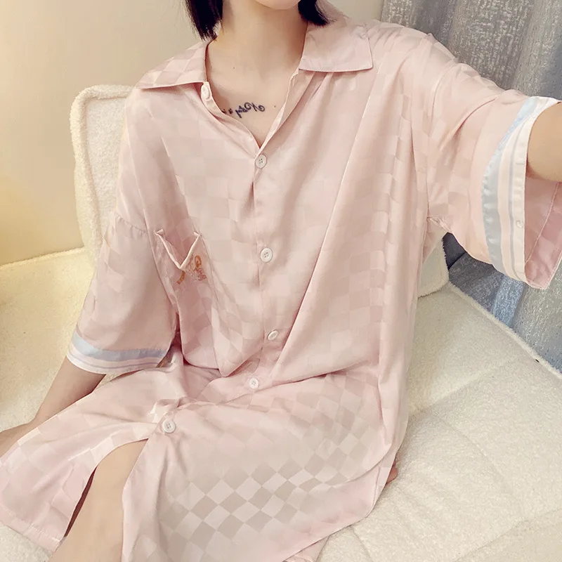 

Sexy Pink Nightdress Print Plaid Nightgown Summer Women Casual Sleepshirt Loose Thin Sleepwear Short Sleeve Rayon Home Dress