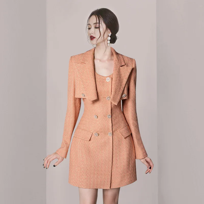 

Женское платье 2022, Осеннее Новое Элегантное двубортное платье с длинными рукавами и бриллиантами, классическое платье, светская юбка высок...