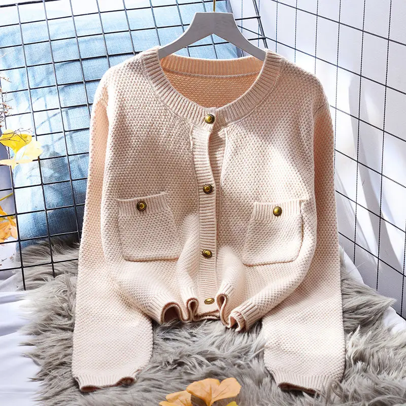 

New Knitted Cardigan Women Sweater O-Neck Button-up Solid Clothes Fashion Autumn Winter 2023 Casual Korean Chic Knitwear E02