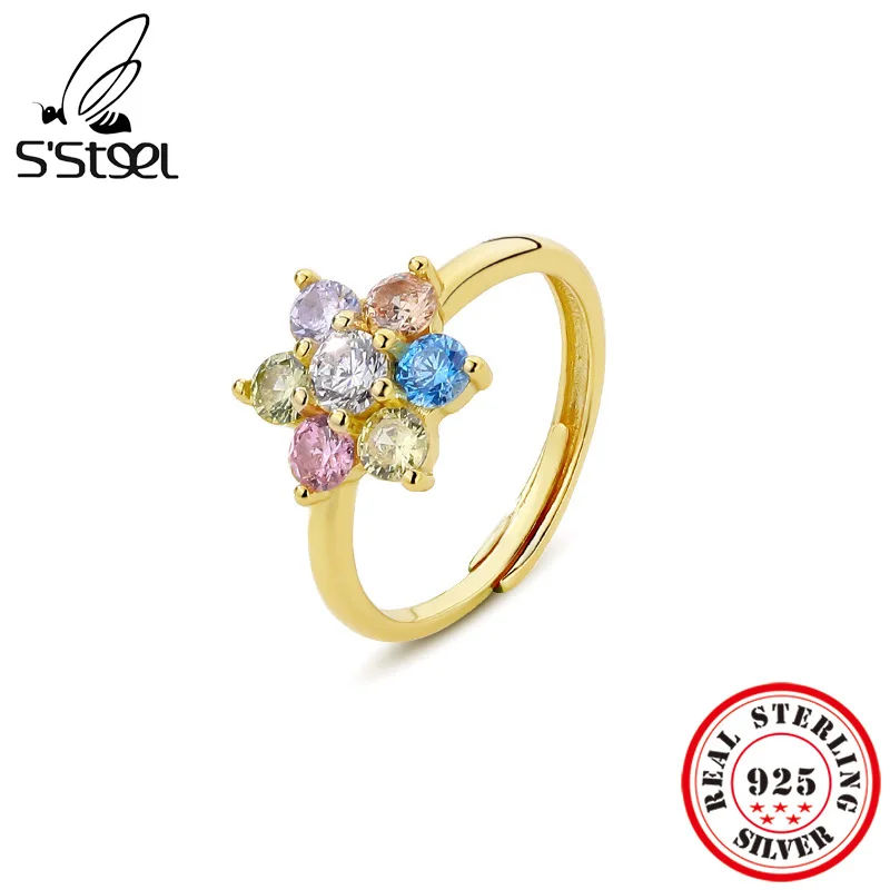 Купи S'STEEL 925 Sterling Silver Rainbow Zircon Flower Wedding Rings For Women Adjustable Ring Vintage Luxury Designer Fine Jewelry за 353 рублей в магазине AliExpress