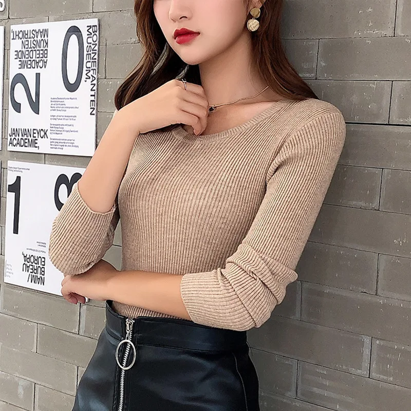 

2022 Autumn Winter To Spring Women Crew Neck Knit Striped Bodycon Sweater Slim Stretchable Femme Korean Pullover Jumper