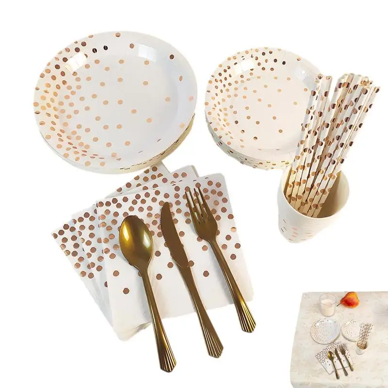 

Golden Dot Dinnerware Set Party Tableware Set Portable Dinnerware Set With Gold Foil Polka Dot Pattern For Party Birthday