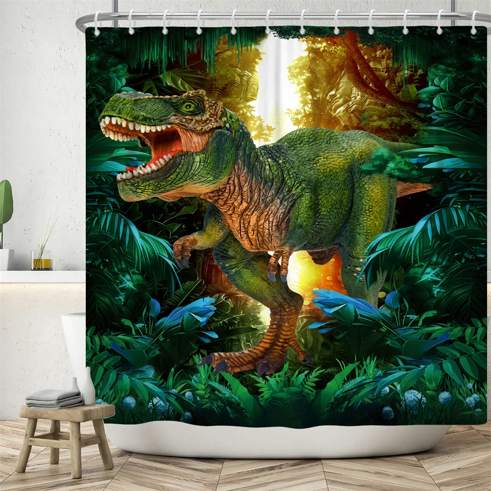 

Dinosaur Tropical Plants Shower Curtains Funny Animals Waterproof Polyester Fabric Bathroom Bathtub Curtain with 12 Hooks