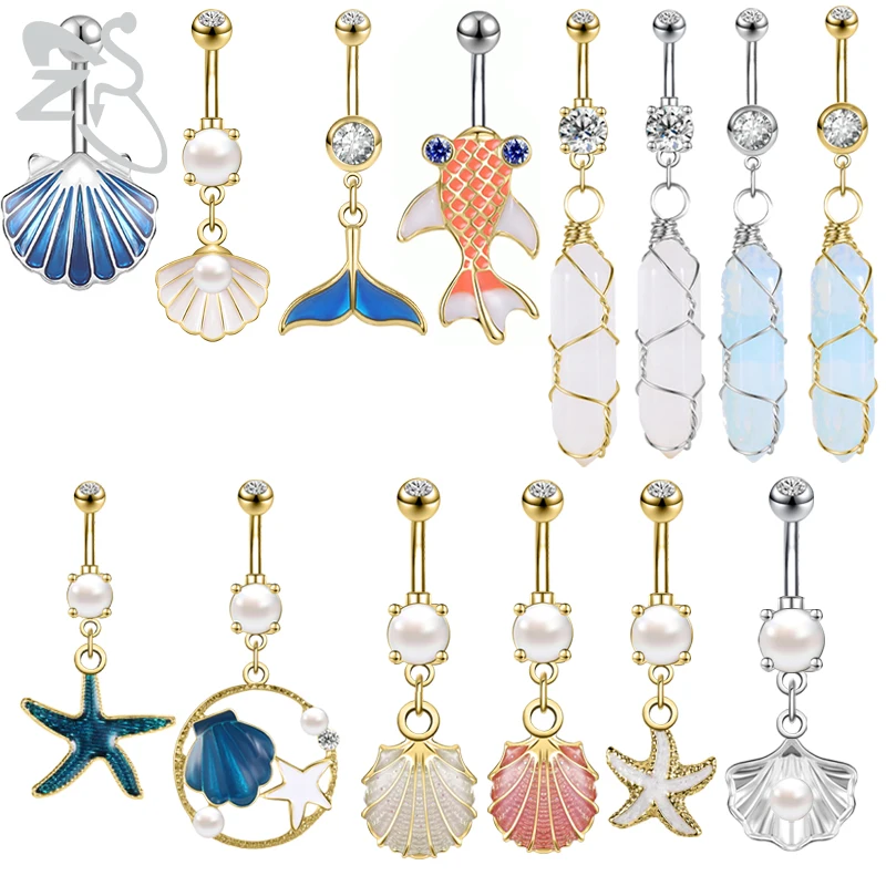 

ZS 1Piece Shell Fish Design Belly Button Ring For Women Girls Stainless Steel Pearl Dangle Navel Piercing Crystal Pendant Ring