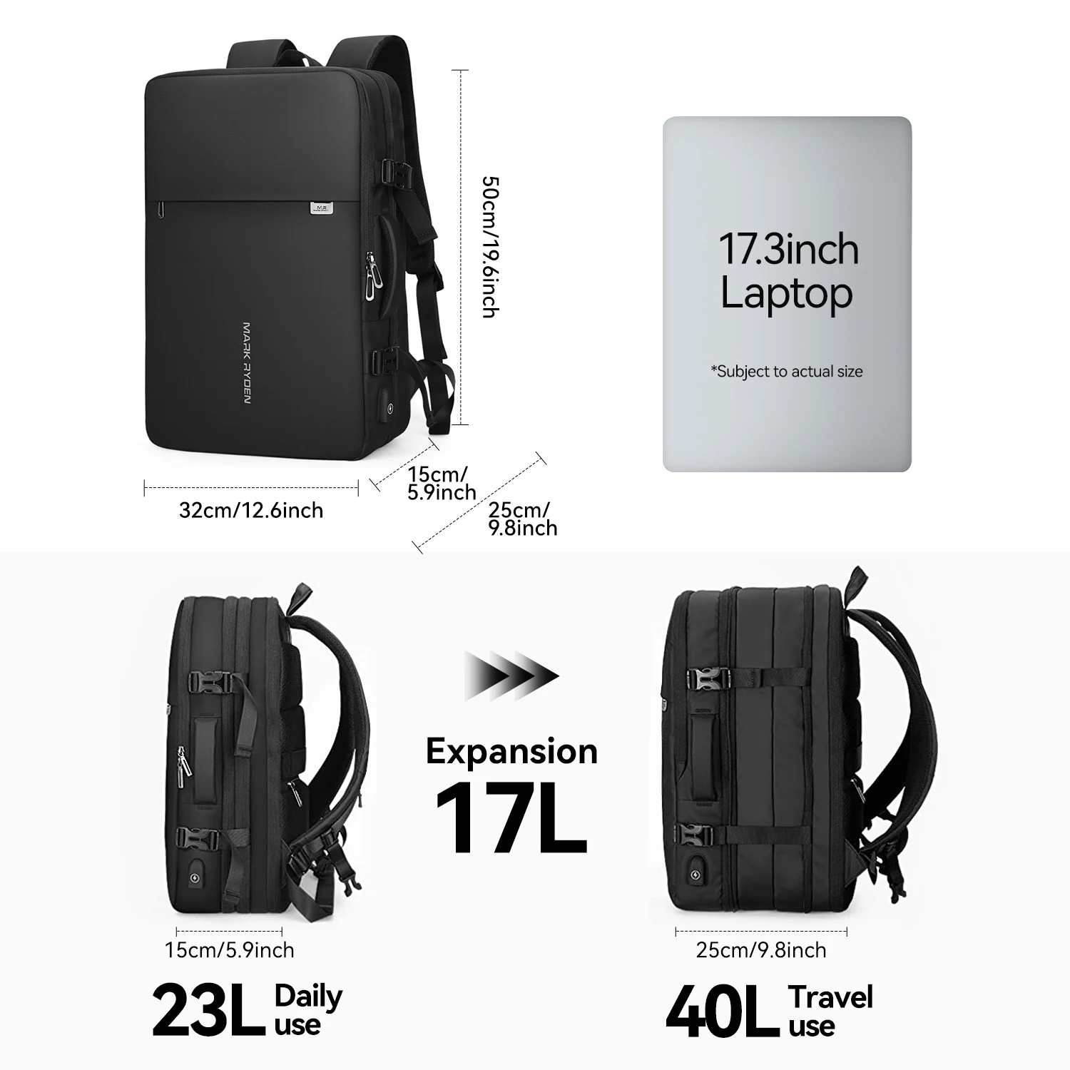 Мужской рюкзак Mark Ryden расширяемый подходит для ноутбука 17 дюймов с USB зарядкой - Фото №1