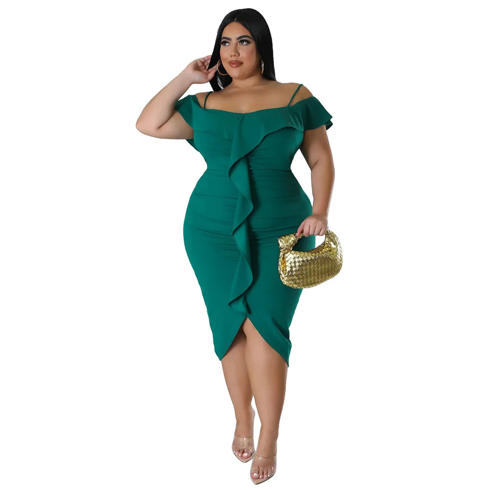Plus Size Summer Ruffles Slash Neck Women Bodycon Dress Spaghetti Dress Party Holidays Casual Short Sleeves 3xl 4xl 5xl 6xl