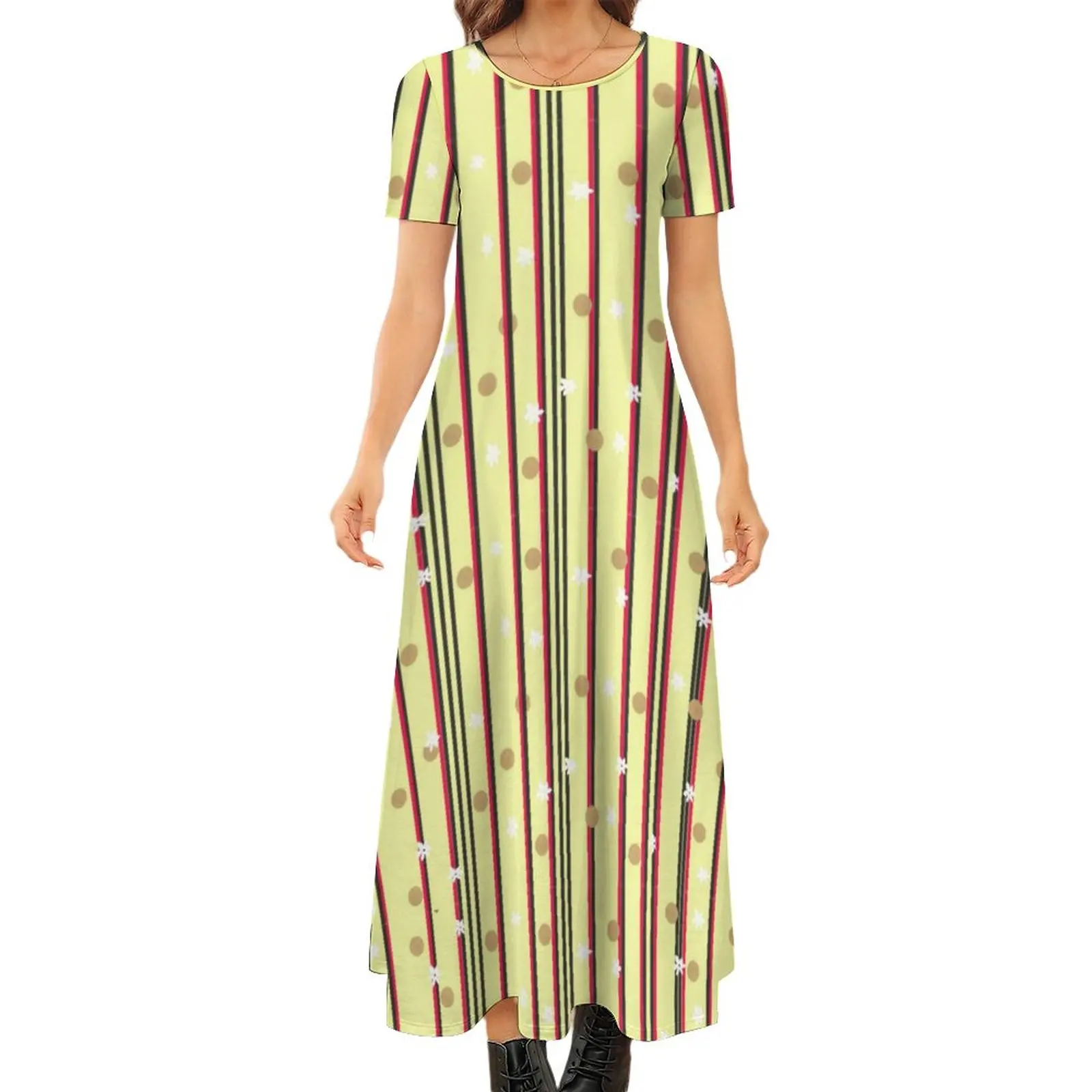 

Polka Dots And Stripes Dress Vertical Line Trendy Maxi Dress Funny Bohemia Long Dresses Female Short Sleeve Oversize Clothing