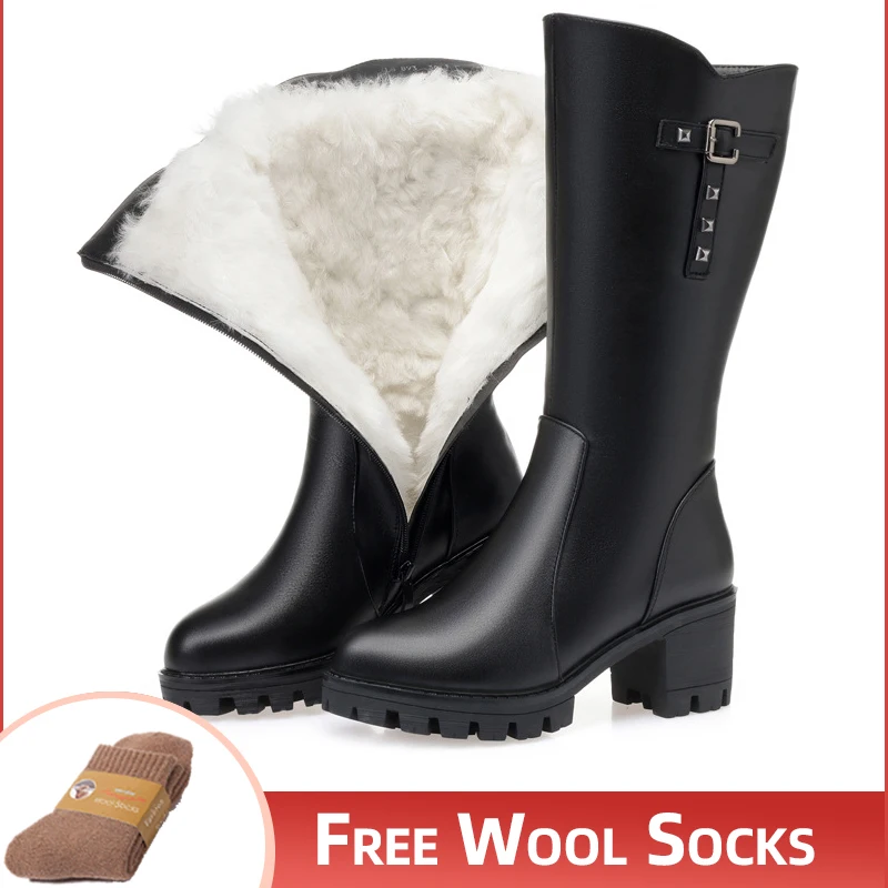 Winter Large Size Warm Genuine Leather Knee High Boots for Women Thick Heeled  Wool Shoes Woman Motorcycle Boots Long New