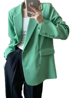 2022 spring solid color double breasted blazer jacket women chic fashion simple suit green long sleeved jacket lr2343