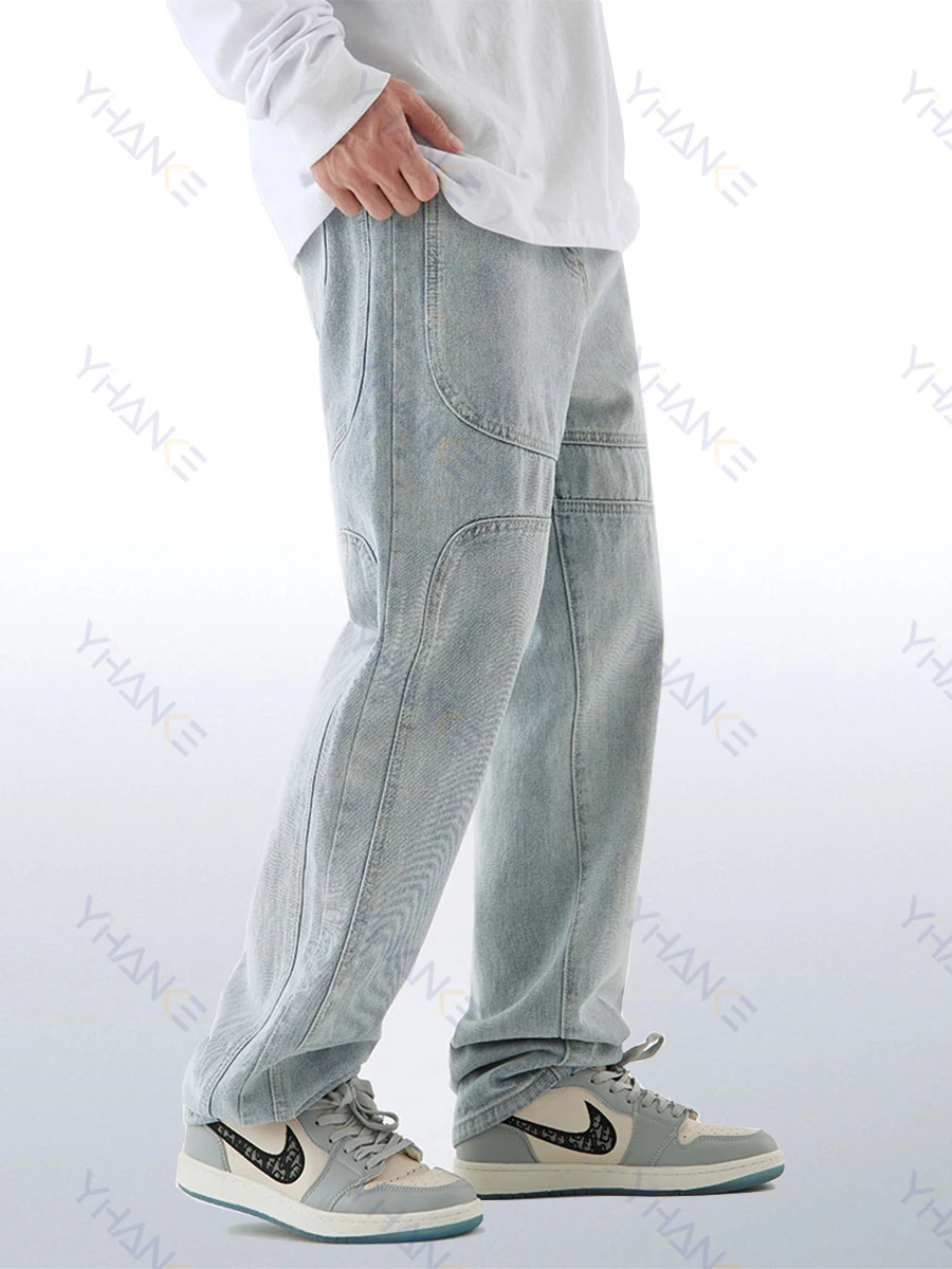 Four Seasons Men's Jeans Pants Trend Retro Straight Wide Leg Blue Jeans Loose Casual Couples High Street Denim Trousers for Men