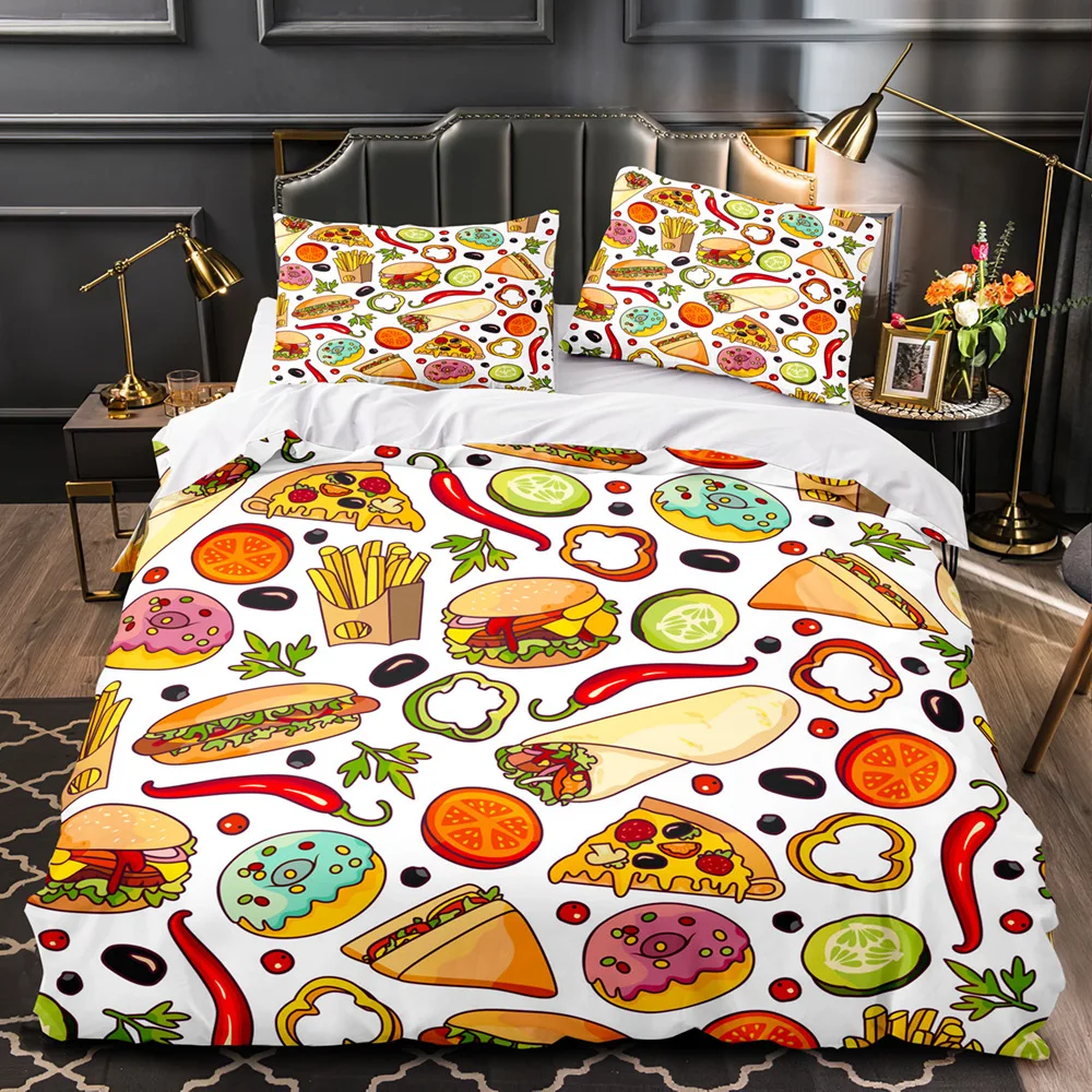 

Cartoon Foods King Queen Duvet Cover Delicious Chip Pie Bedding Set for Kid Teen American Fast Food 2/3pcs Polyester Quilt Cover