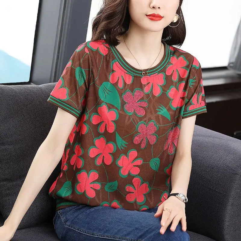 

Summer Short Sleeve Top Mom Pullovers Bottoming Shirt Fashion Temperament Round Collar Printed Women's T-shirt L-6XL