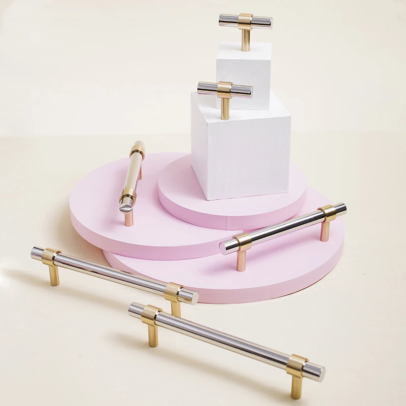 

Stainless Steel+Brass Cupboard Handles for Furniture Drawer Pulls T-bar Cabinet Knobs Bedroom Silver Hardware Mirror-Polished