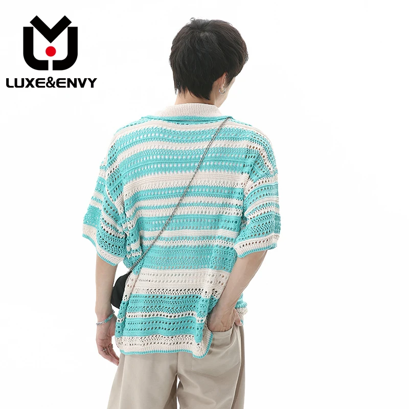 

Мужские модные полосатые футболки люкс & ENVY с лацканами, Летний Новый вязаный пуловер с коротким рукавом, топы, модная футболка в Корейском стиле