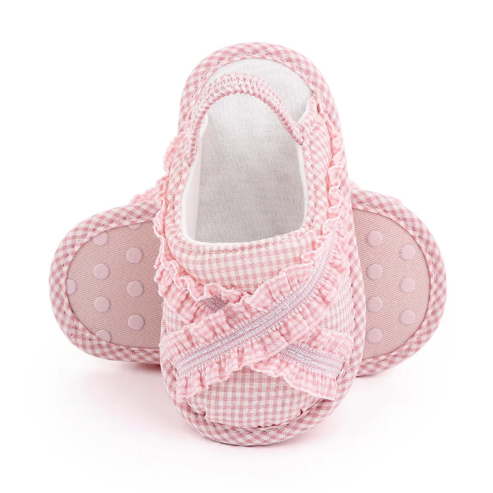

Infant Baby First Walkers with Plaid Pattern Elastic Band Non-Slip Bottom Sandals Shoes Clothing Accessory