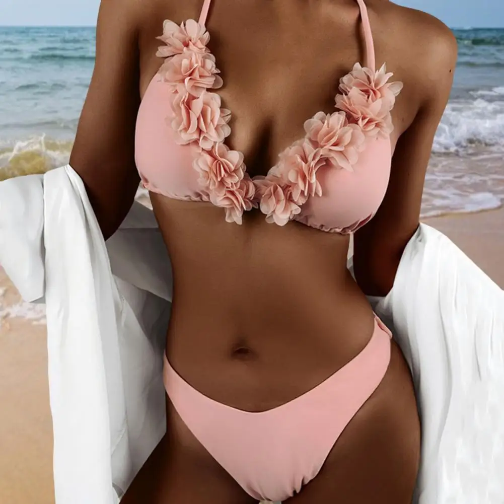 

Пляжный купальный костюм, кружевной Цветочный декор, женская одежда для плавания, женский купальный костюм с лямкой на шее