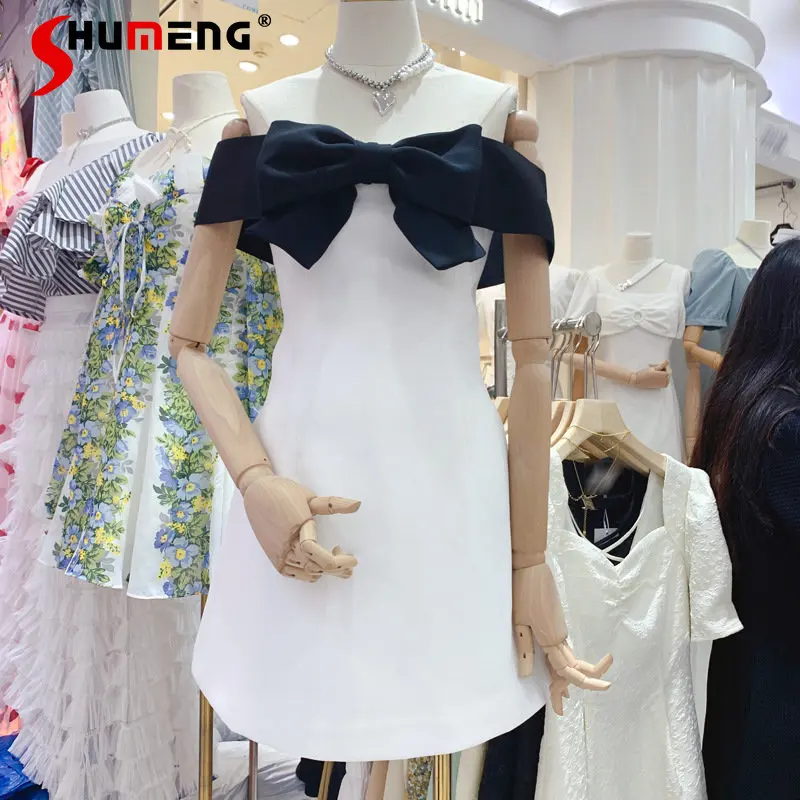 2023 Summer French Style Socialite Contrast Color Mid-length Dress Bow Collar Short Sleeve High Waist Slim Dress for Women