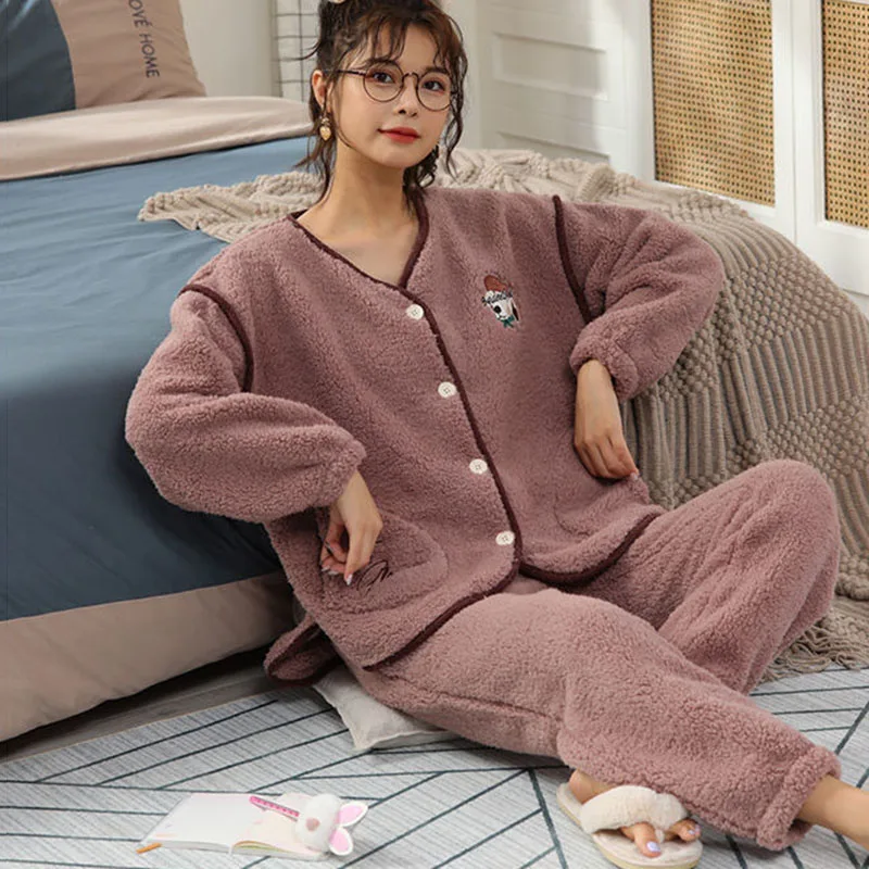 Новинка Женская пижама с мультяшным рисунком утепленный теплый домашний костюм
